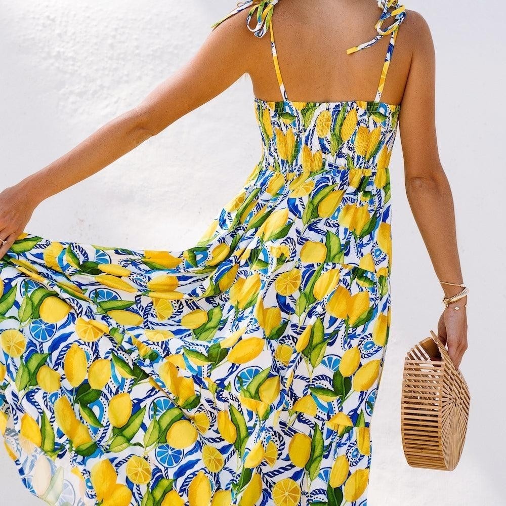 Kenny Flowers Dress Womens Large Lemon Print Smocked Maxi Tropical Sundress - Picture 2 of 9